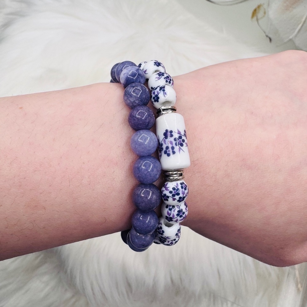 Purple Duo w/ Ceramic Chinese Style Beaded Bracelets for small wrist sizes